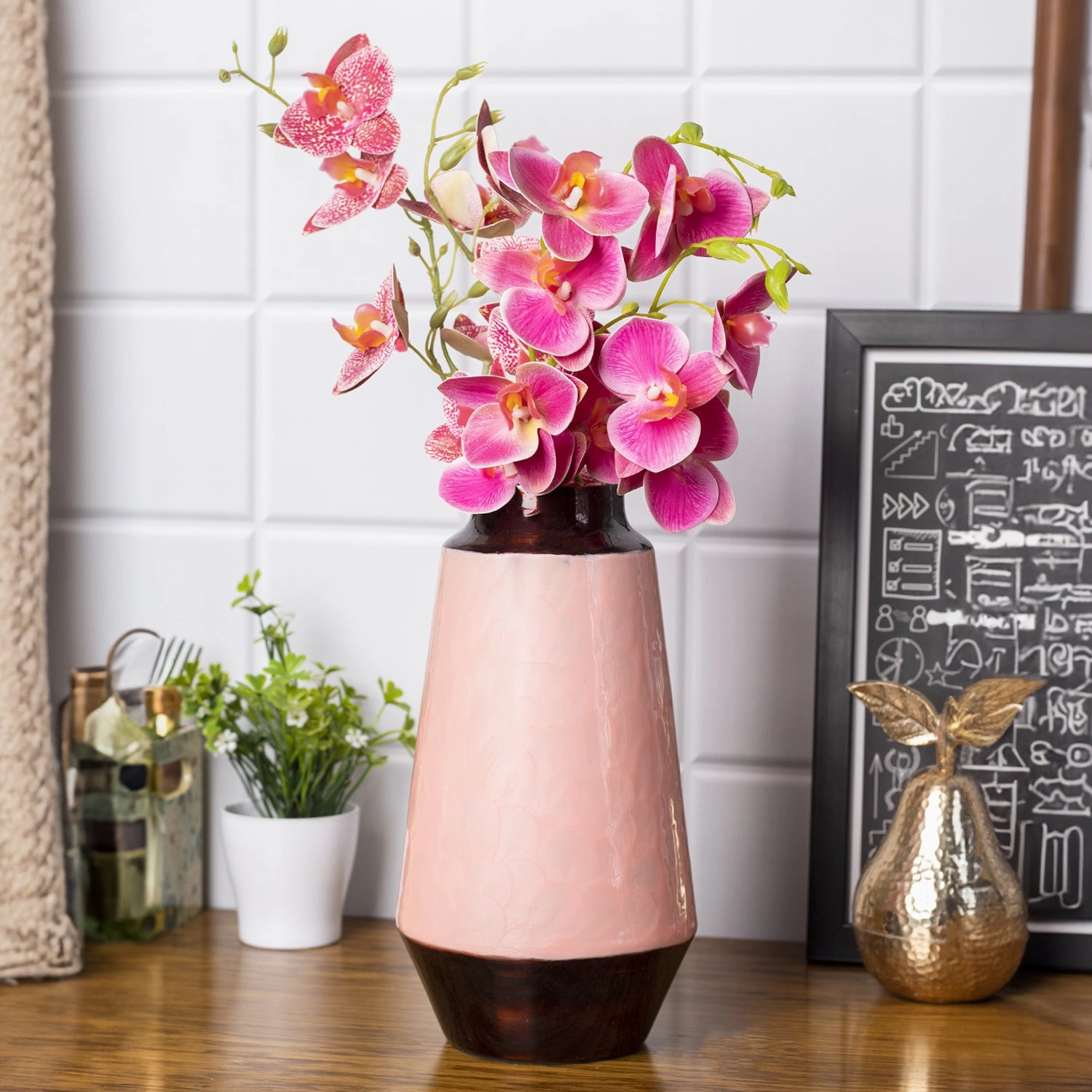 VON CASA Pink Bud Shape Vase (Pink Enamel) dried green plant  