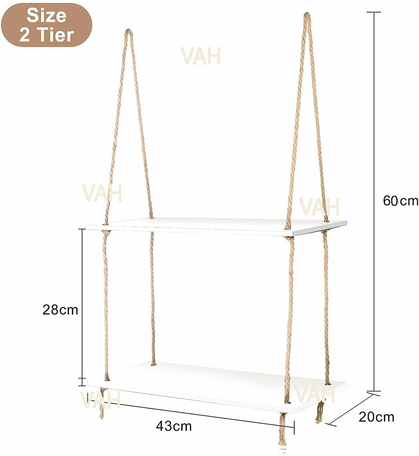 Wall Hanging Wood Floating Rustic Rope Plant Shelves (White)