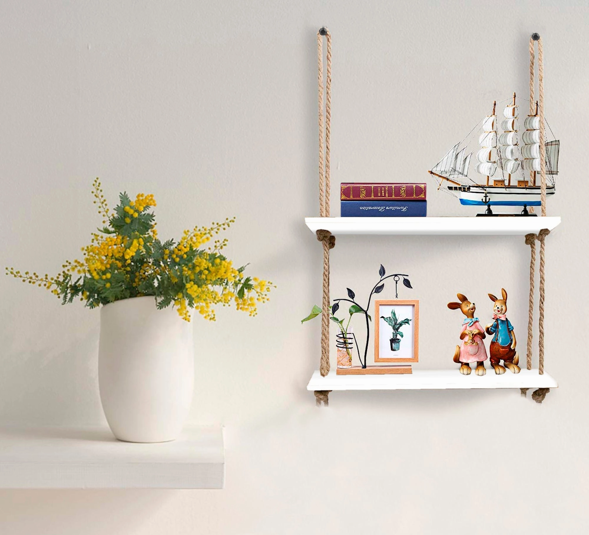 Wall Hanging Wood Floating Rustic Rope Plant Shelves (White)