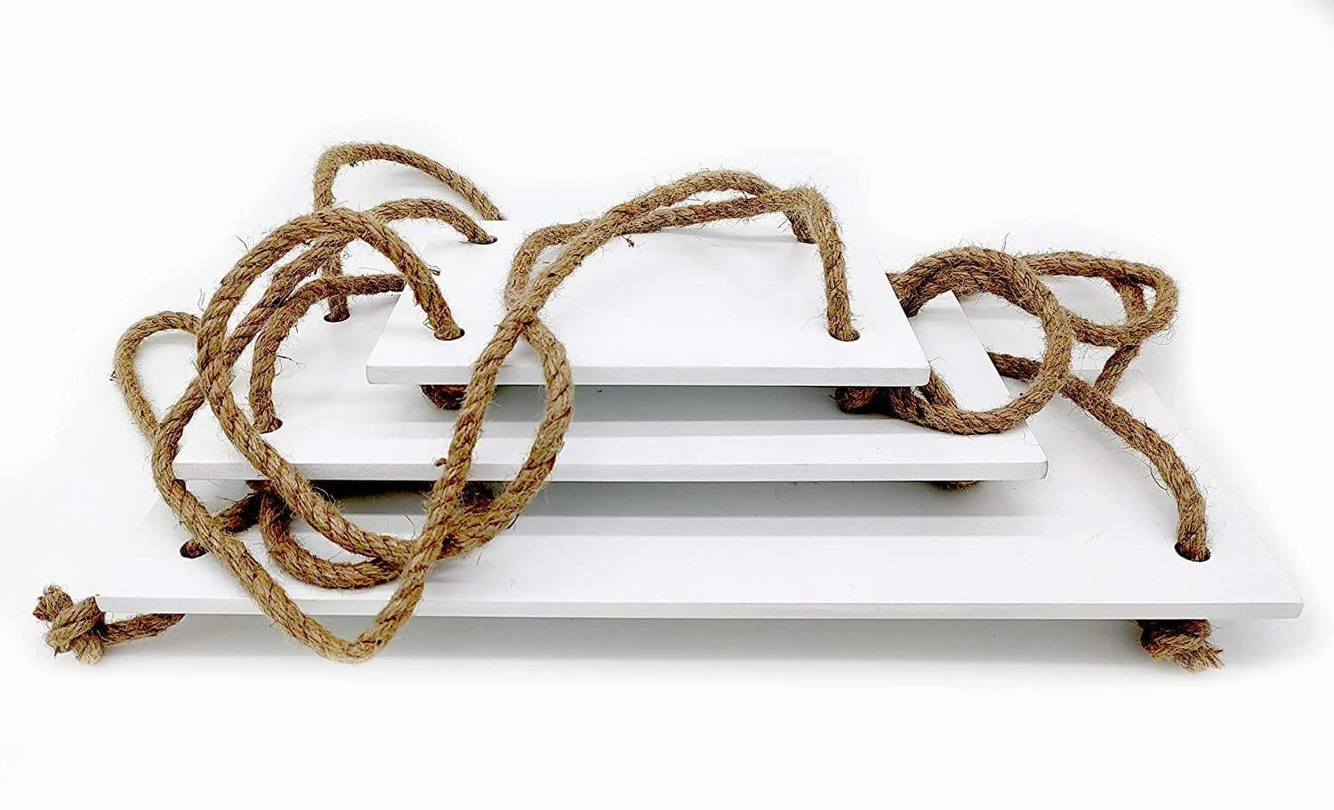 Wall Hanging Wood Floating Rustic Rope Plant Shelves (White)
