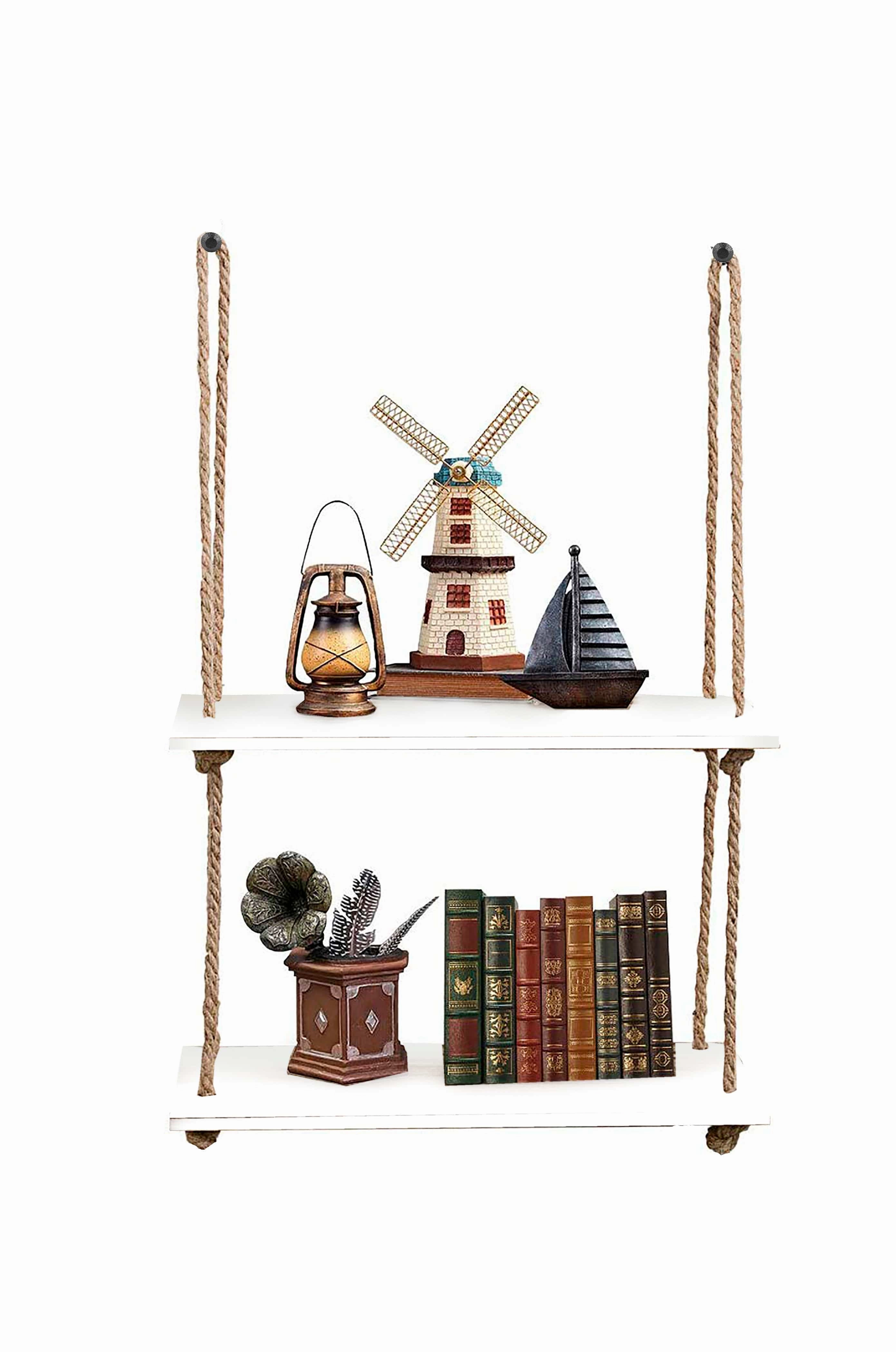 Wall Hanging Wood Floating Rustic Rope Plant Shelves (White)