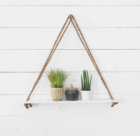 Wall Hanging Wood Floating Rustic Rope Plant Shelves (White) cactus succulent plant  