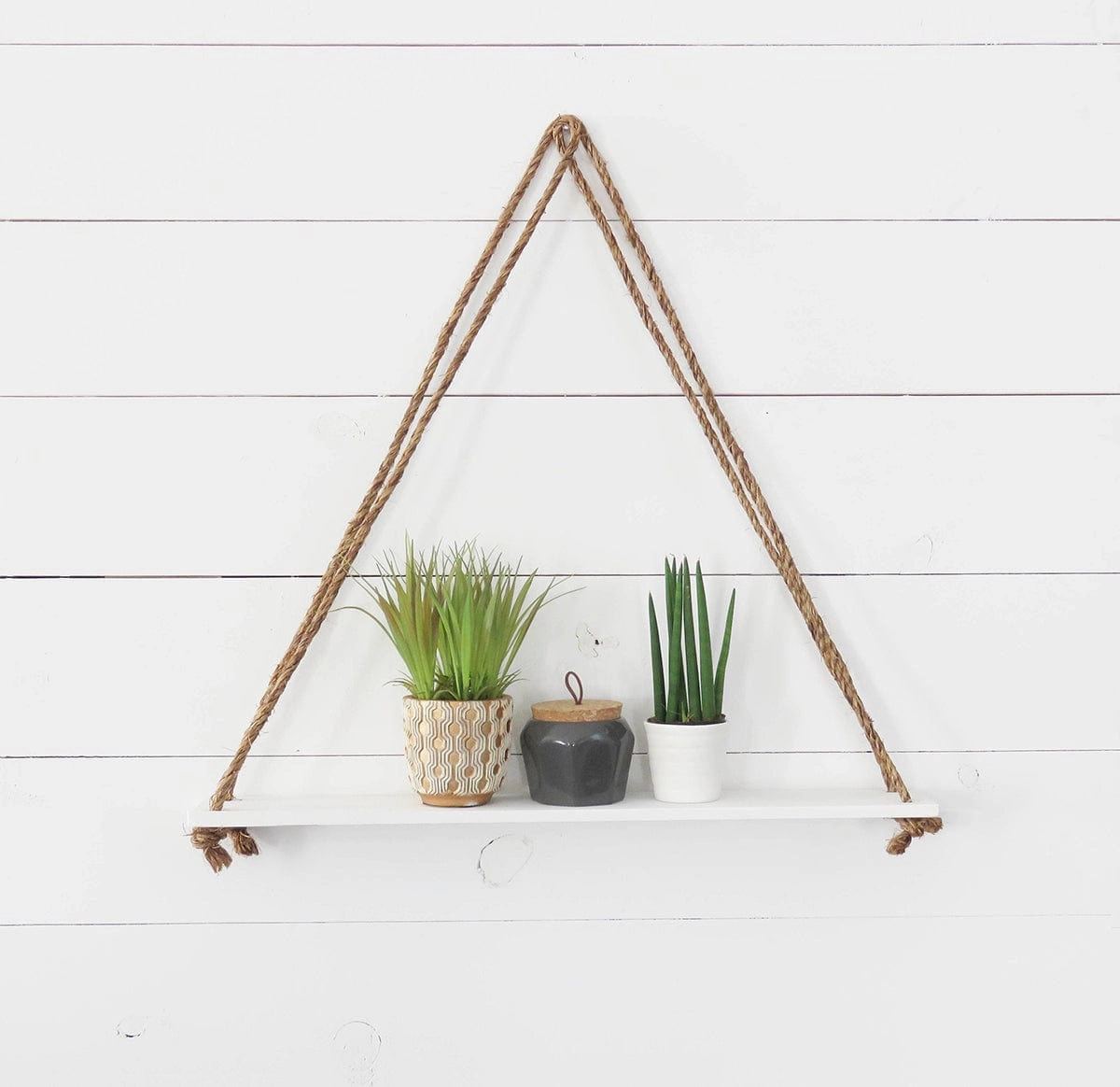 Wall Hanging Wood Floating Rustic Rope Plant Shelves (White) cactus succulent plant  