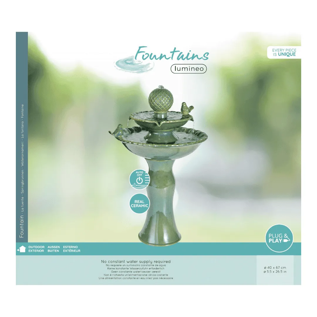 Water Feature Tiered Bird Bath Ceramic - Green