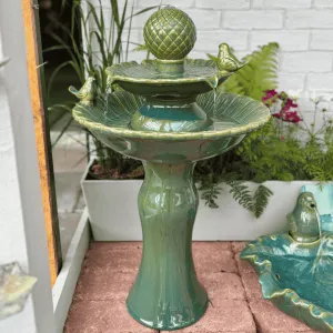 Water Feature Tiered Bird Bath Ceramic - Green dried flowers  