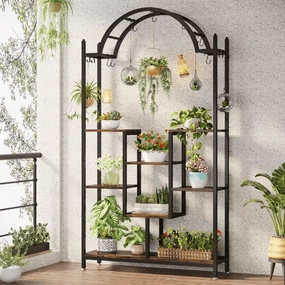 Wellston 74.8 in. Rustic Brown 5-Tier Indoor Plant Stand Flower Rack with Side Hanging Hooks and S-hooks cactus succulent plant  