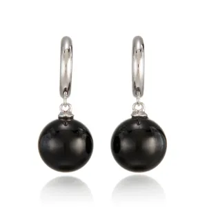 White Gold Hoop & Black Jade Bead Earrings