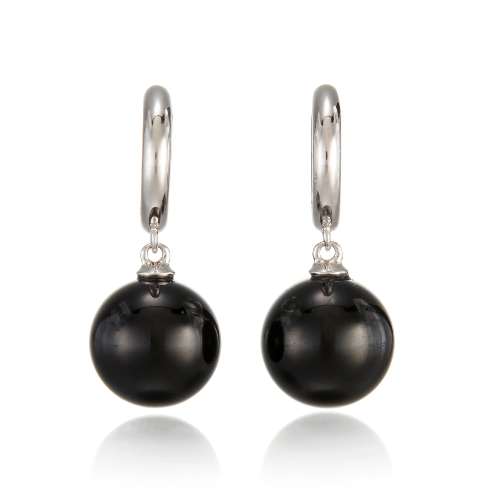 White Gold Hoop & Black Jade Bead Earrings
