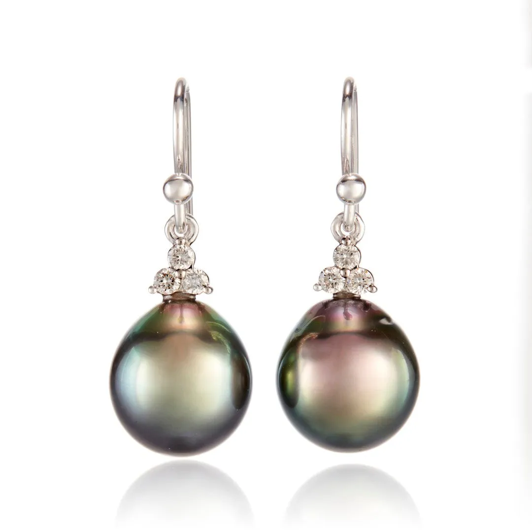 White Gold Madison Drop Earrings in 11mm Tahitian Pearls & Diamonds
