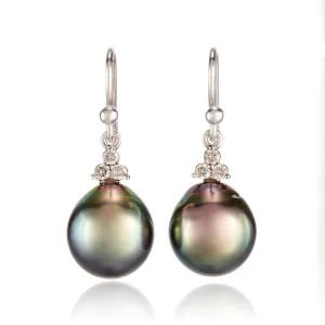 White Gold Madison Drop Earrings in 11mm Tahitian Pearls & Diamonds