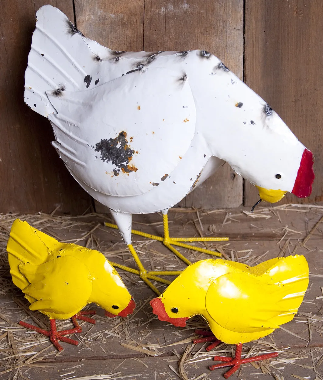 White Hen with 2 Yellow Baby Chicks dried flower branch  