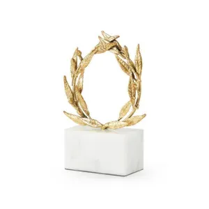 White Marble Base Apollo Statue in Gold Leaf dried flowers  
