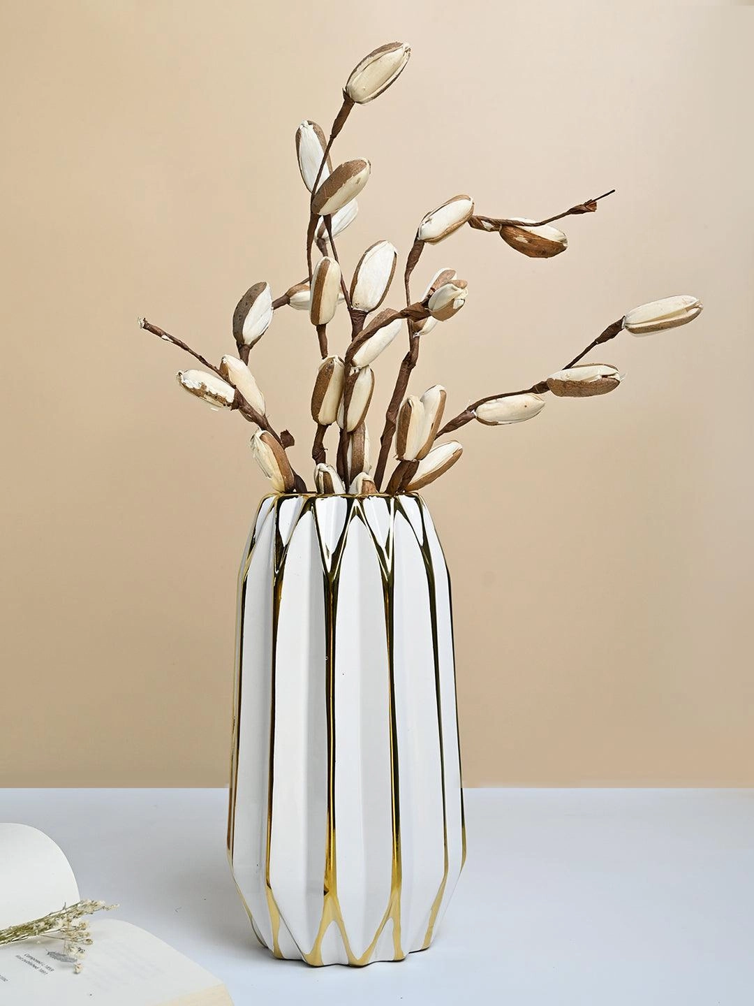 White and Gold Ceramic Vase dried green plant  