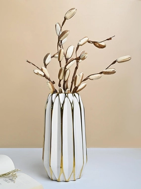 White and Gold Ceramic Vase dried green plant  