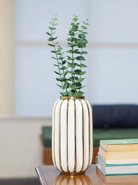 White Ceramic Vase - Ribbed Design, Flower Holder dried green plant  