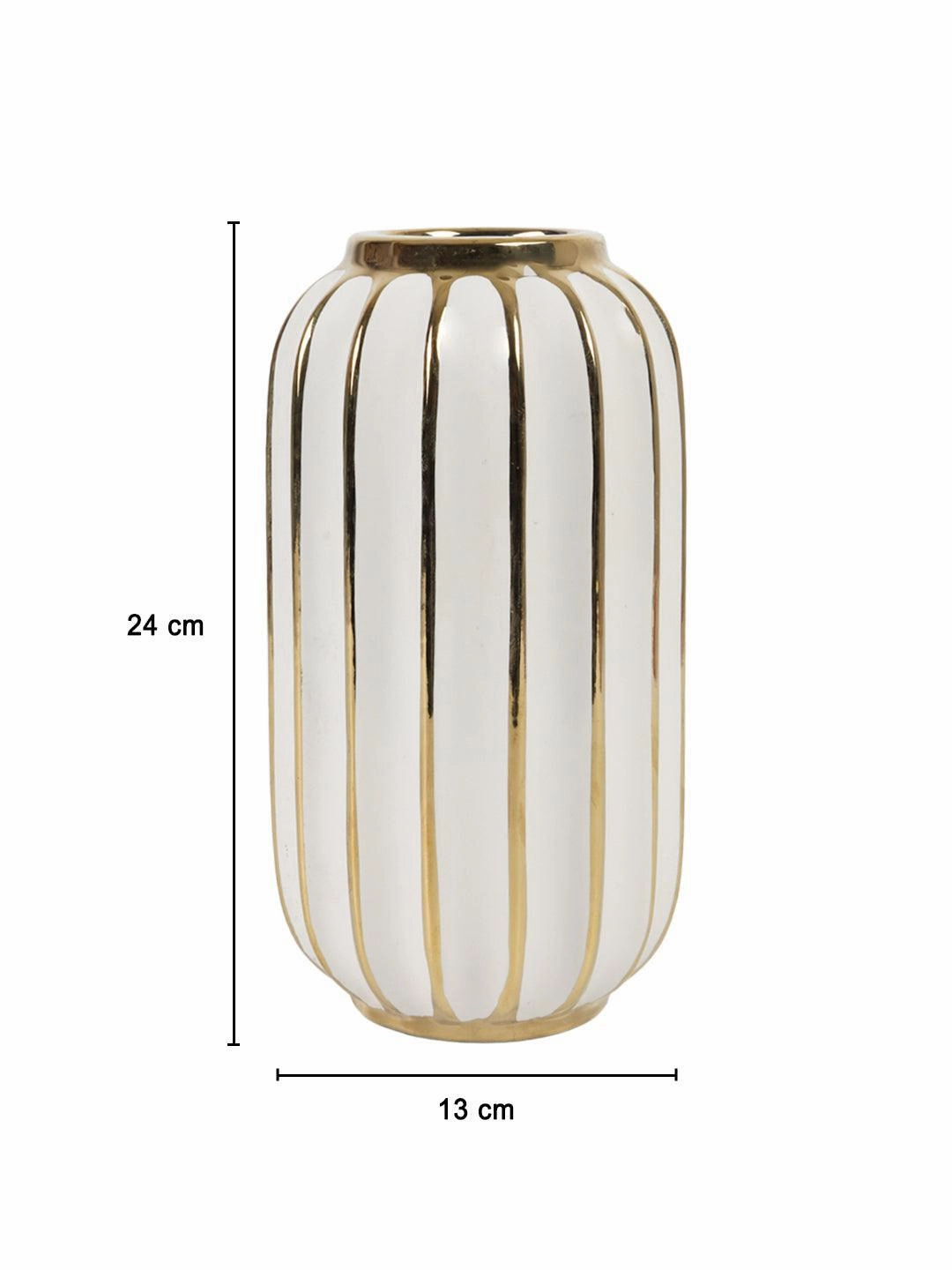White Ceramic Vase - Ribbed Design, Flower Holder