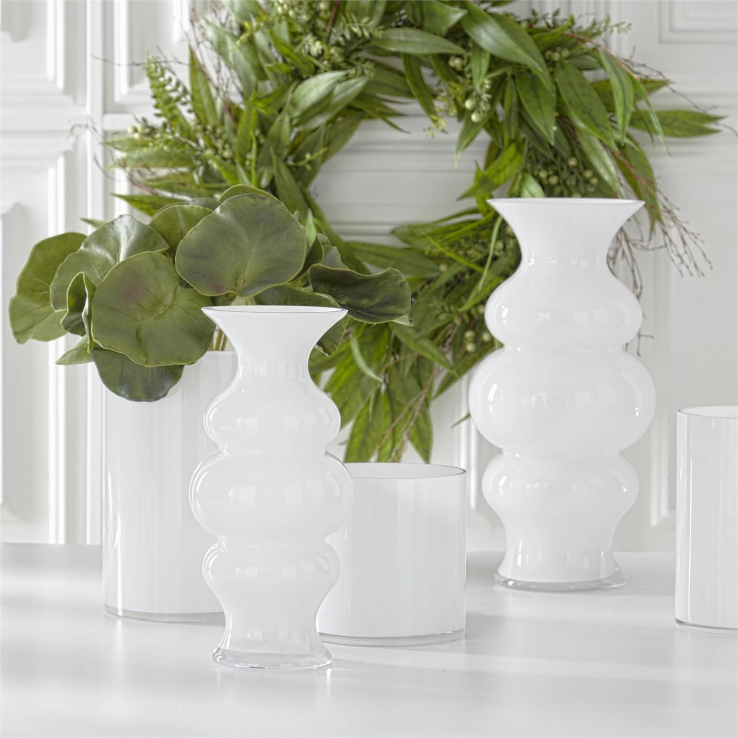 White Hourglass Fluted Vases outdoor greenery  