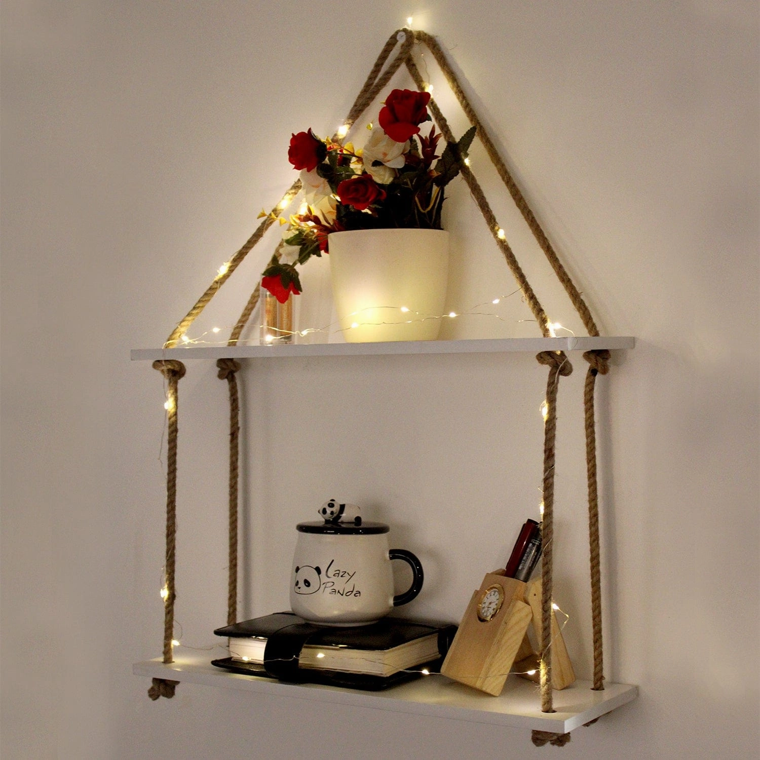 White Wall Hanging Shelf and LED Wood Floating Wall Shelves with Jute Rope