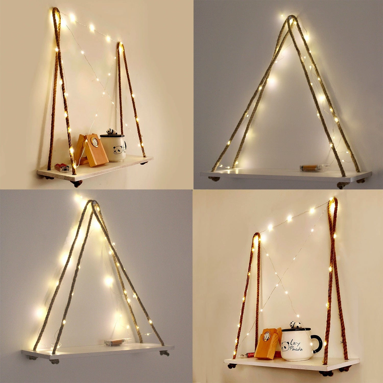 White Wall Hanging Shelf and LED Wood Floating Wall Shelves with Jute Rope