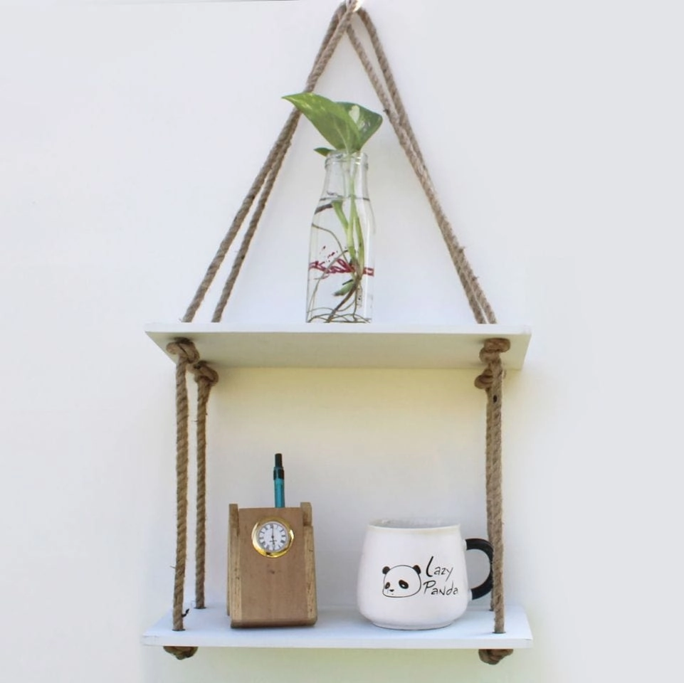 White Wood 2 Layer Wall Floating Wall Shelf With Rope cactus succulent plant  