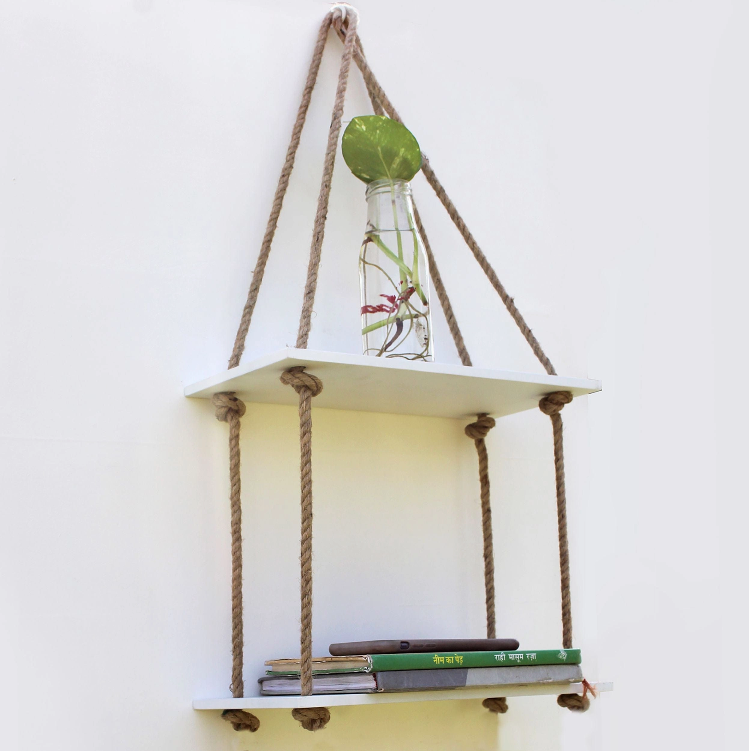 White Wood 2 Layer Wall Floating Wall Shelf With Rope