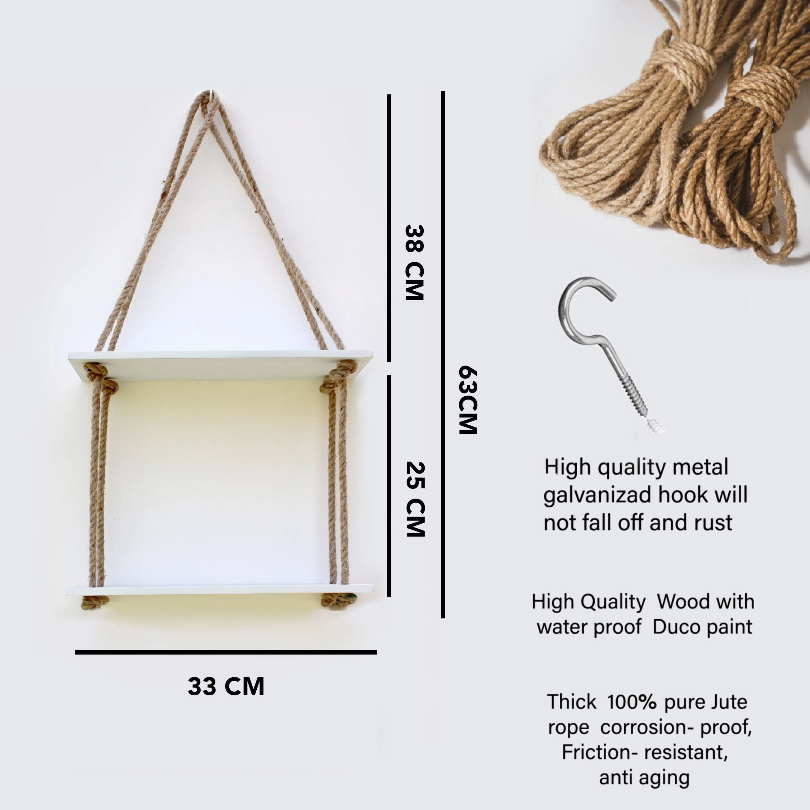 White Wood 2 Layer Wall Floating Wall Shelf With Rope