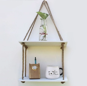 White Wood 2 Layer Wall Floating Wall Shelf With Rope cactus succulent plant  