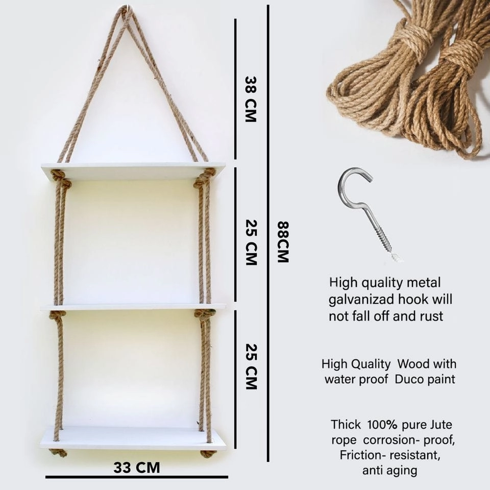 White Wood 3 Layer Wall Floating Wall Shelf With Rope