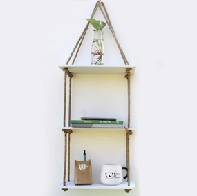 White Wood 3 Layer Wall Floating Wall Shelf With Rope cactus succulent plant  