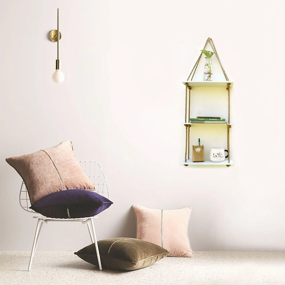 White Wood 3 Layer Wall Floating Wall Shelf With Rope