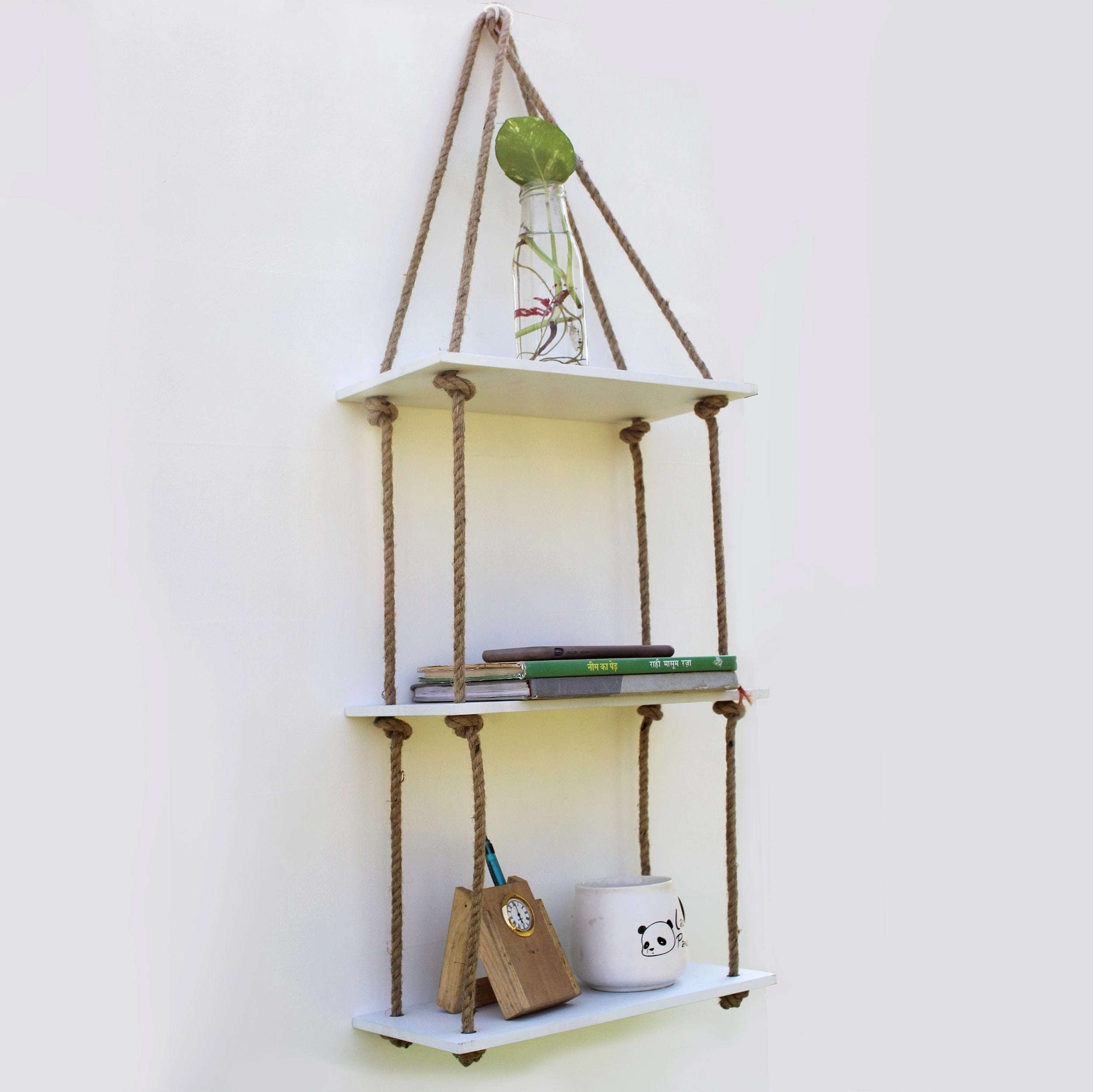 White Wood 3 Layer Wall Floating Wall Shelf With Rope