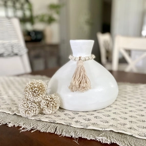 White Wood Vase With Ceramic Beads outdoor greenery  