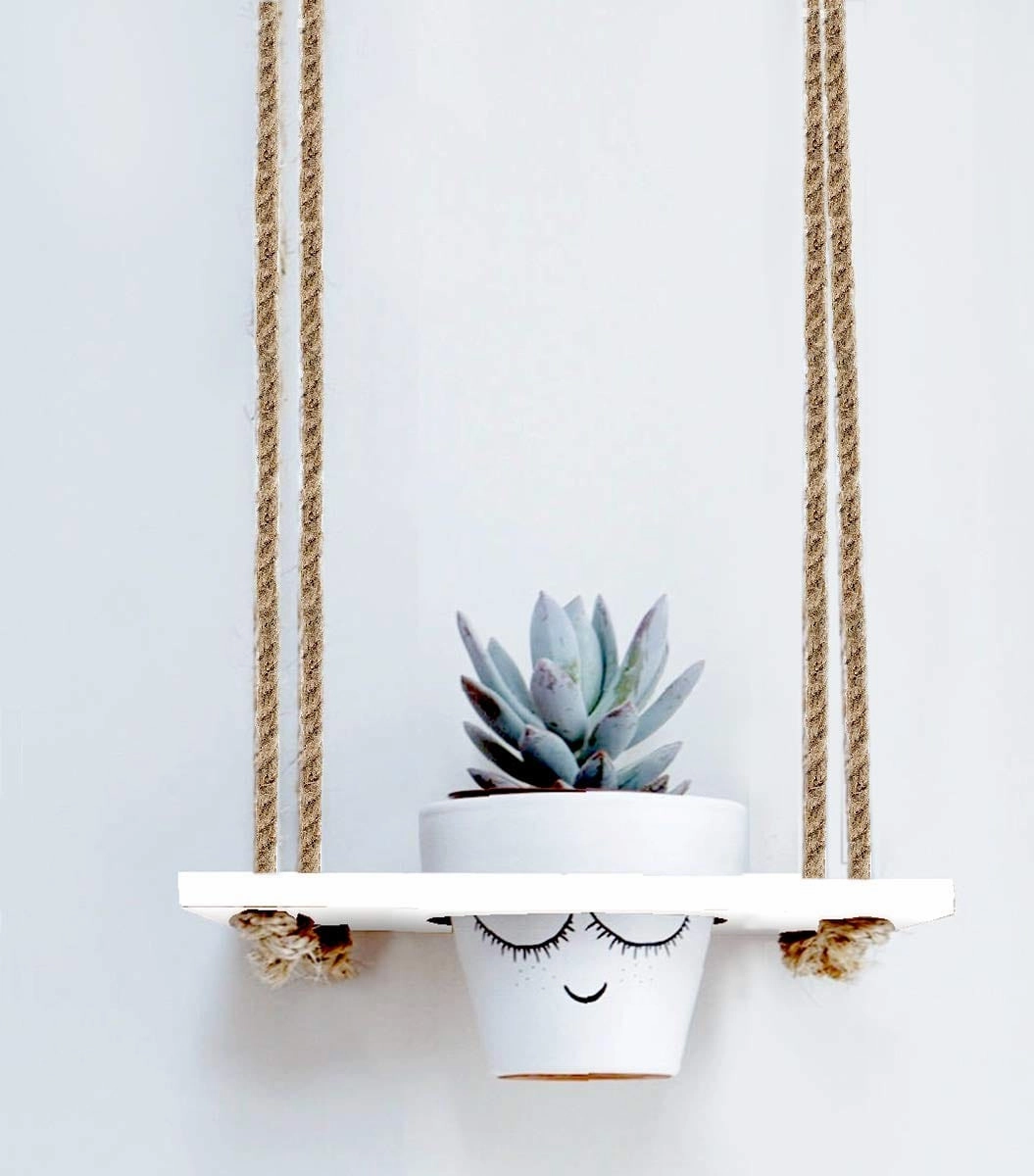 White Wooden Planter Shelf Hanger Rack with Rope For 1 Pot cactus succulent plant  