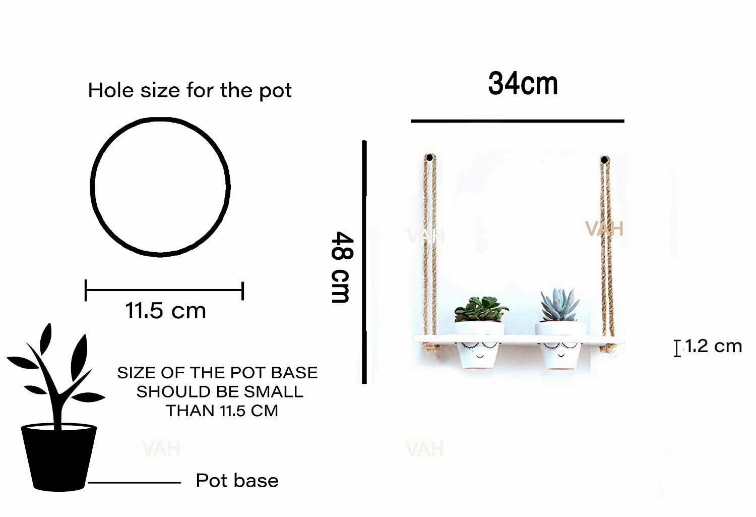 White Wooden Planter Shelf Hanger Rack with Rope For 2 Pot