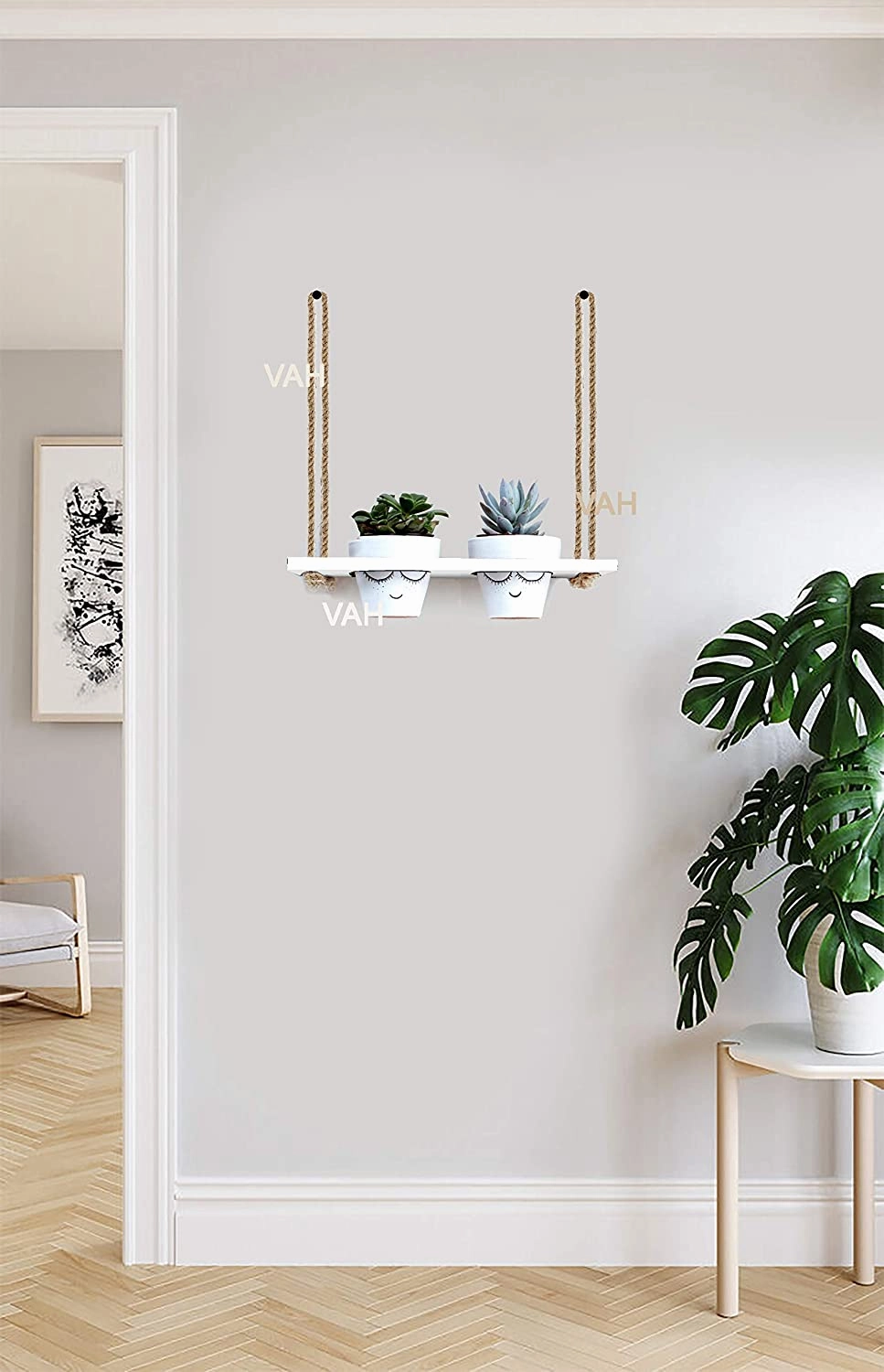 White Wooden Planter Shelf Hanger Rack with Rope For 2 Pot