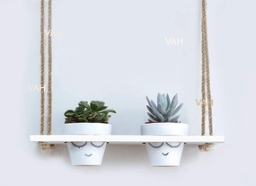 White Wooden Planter Shelf Hanger Rack with Rope For 2 Pot cactus succulent plant  