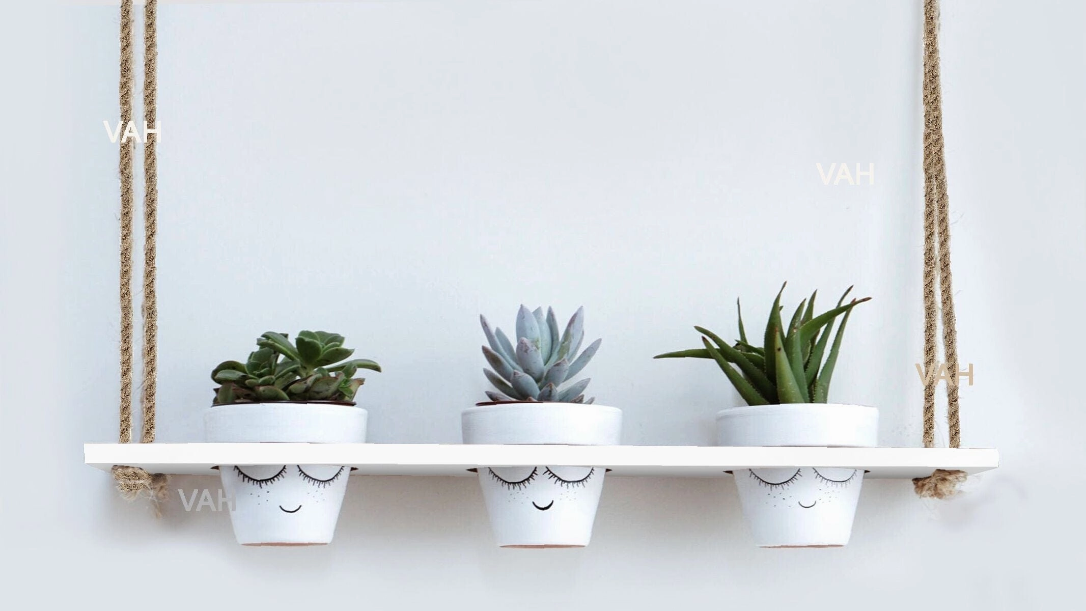 White Wooden Planter Shelf Hanger Rack with Rope For 3 Pot cactus succulent plant  