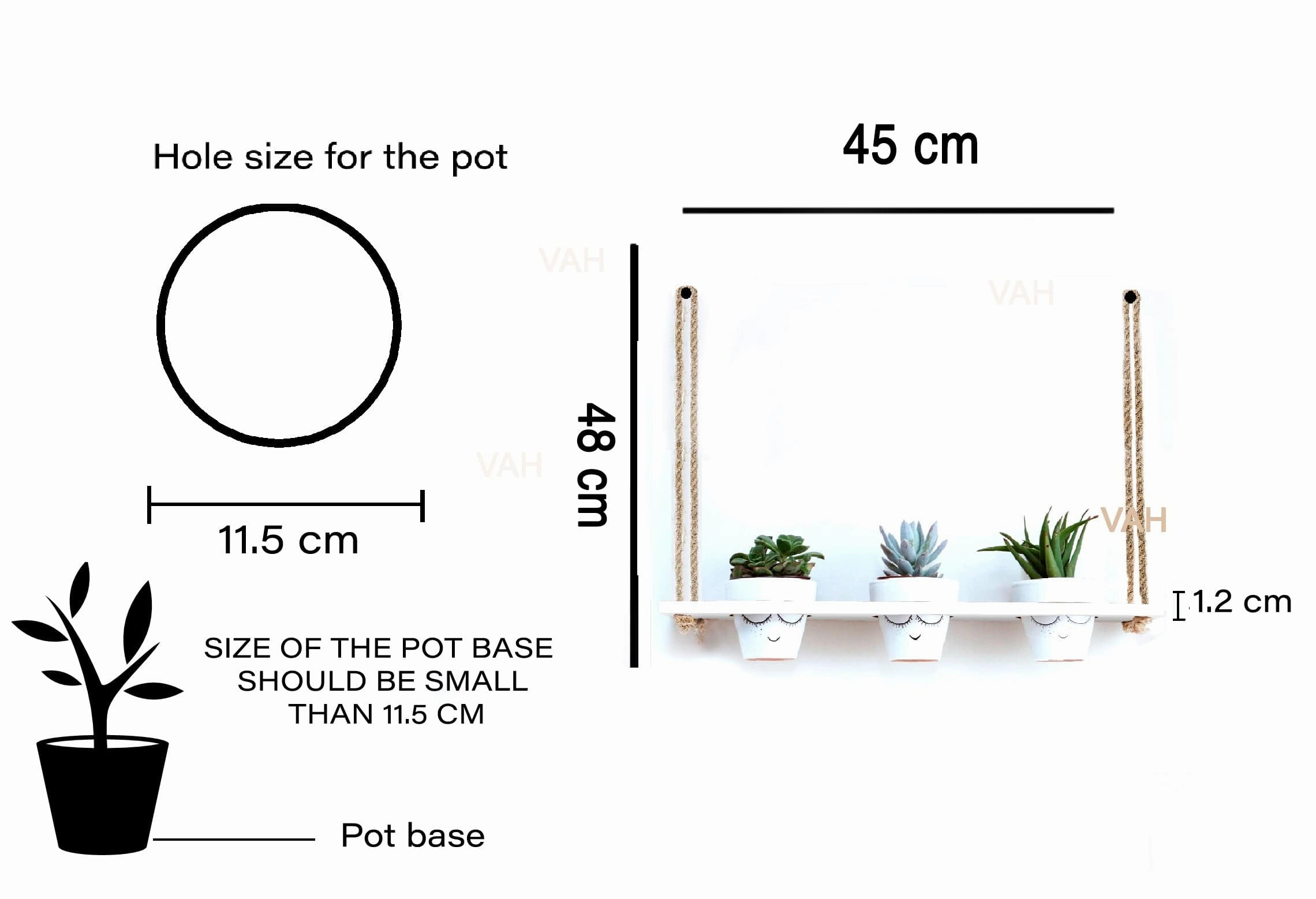 White Wooden Planter Shelf Hanger Rack with Rope For 3 Pot