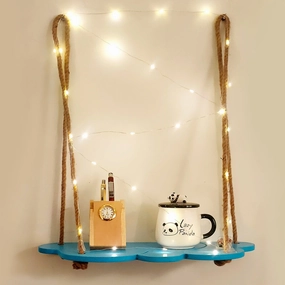 Wood Blue Cloud Design 1 Layer Wall Hanging Wall Self with LED Light cactus succulent plant  
