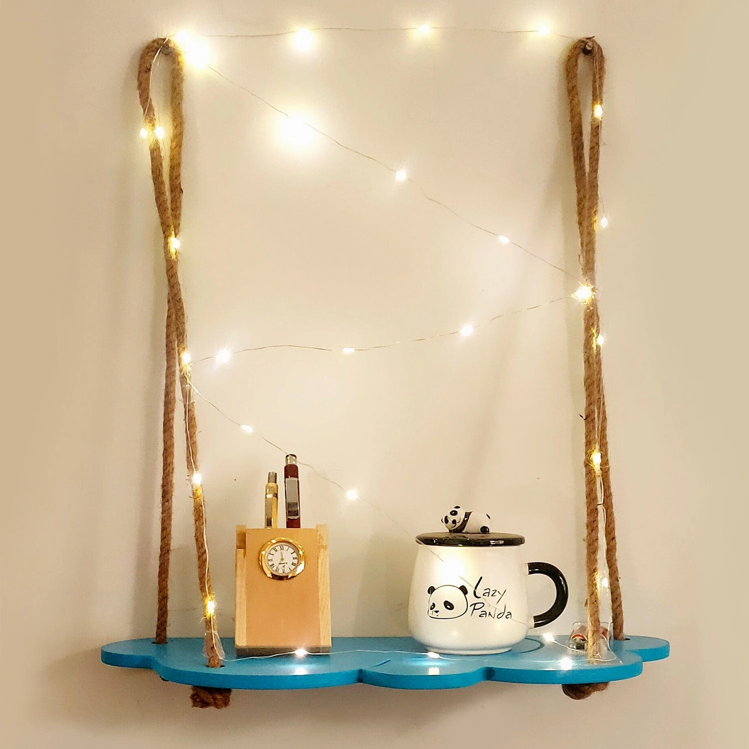 Wood Blue Cloud Design 1 Layer Wall Hanging Wall Self with LED Light cactus succulent plant  