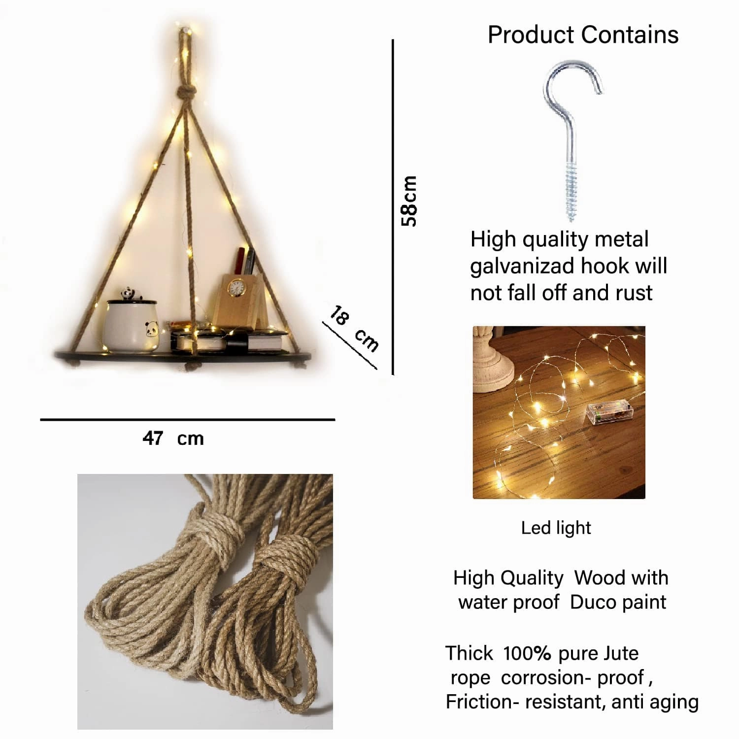 Wood Half Oval 1 Layer Wall Hanging Floating Shelf with LED Light