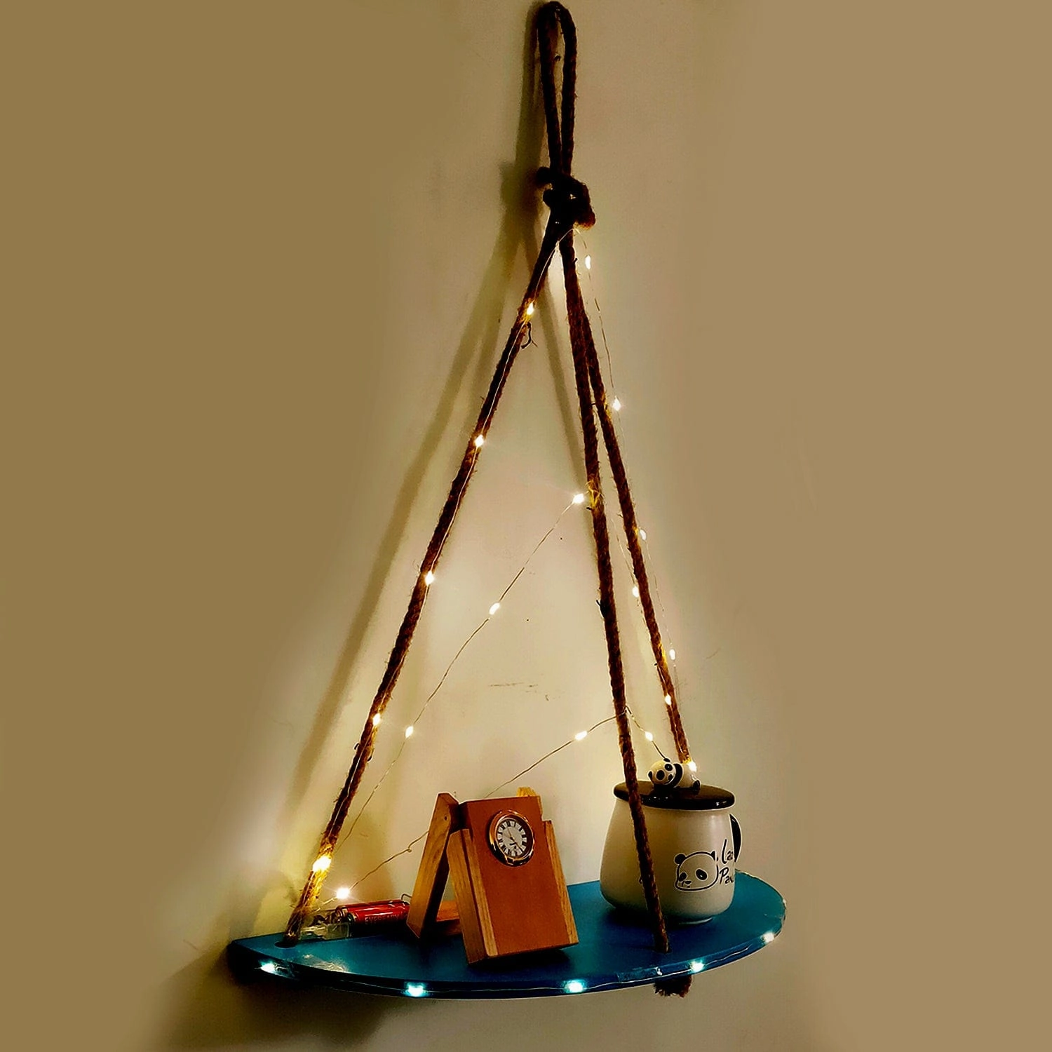 Wood Half Oval Blue 1 Layer Wall Hanging Shelf With LED Light