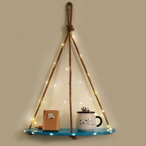 Wood Half Oval Blue 1 Layer Wall Hanging Shelf With LED Light cactus succulent plant  