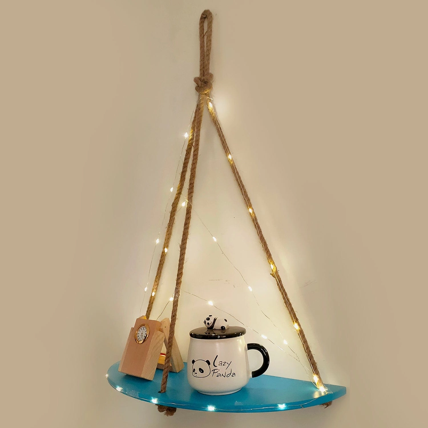 Wood Half Oval Blue 1 Layer Wall Hanging Shelf With LED Light