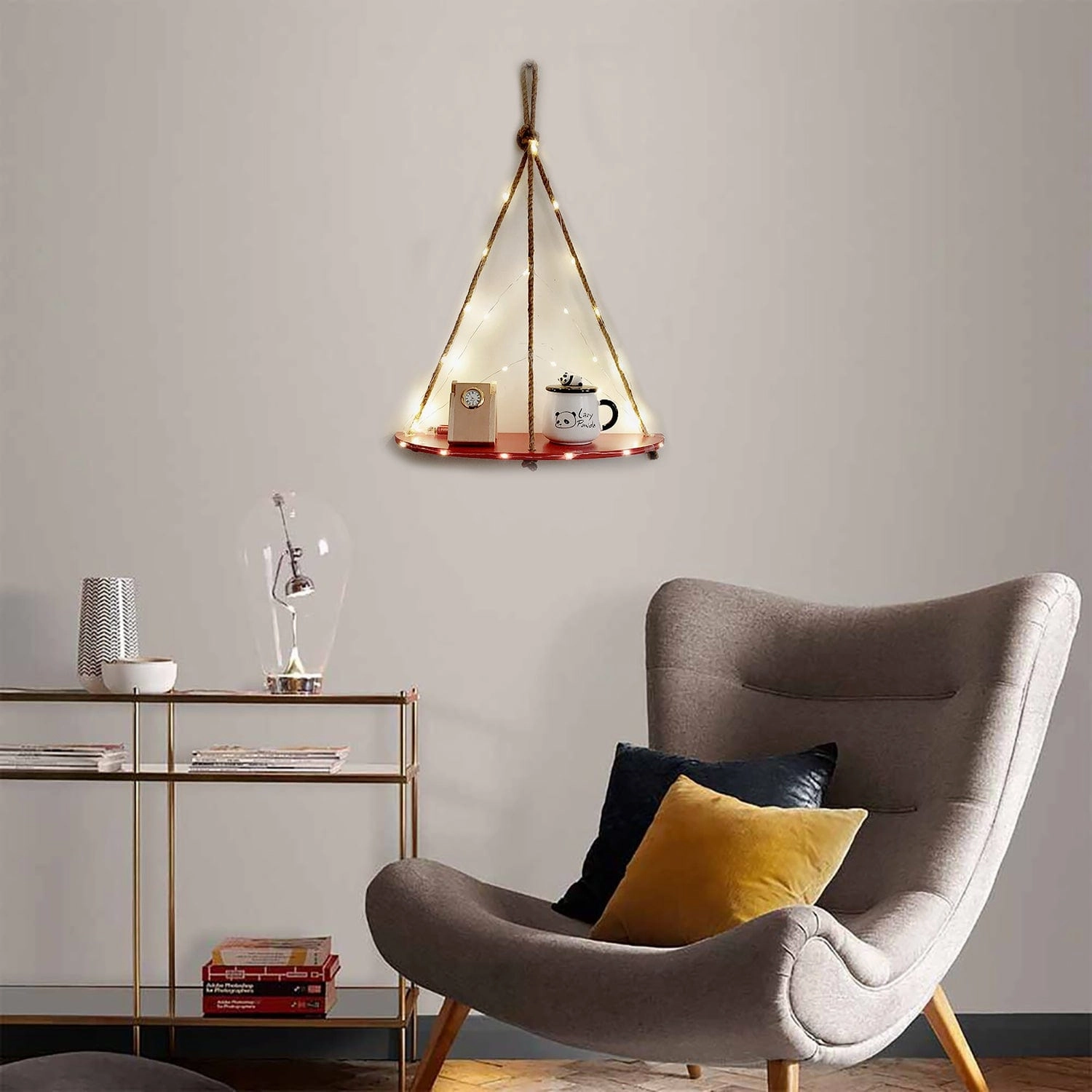 Wood Half Oval Maroon Wall Hanging Wall self with LED Light
