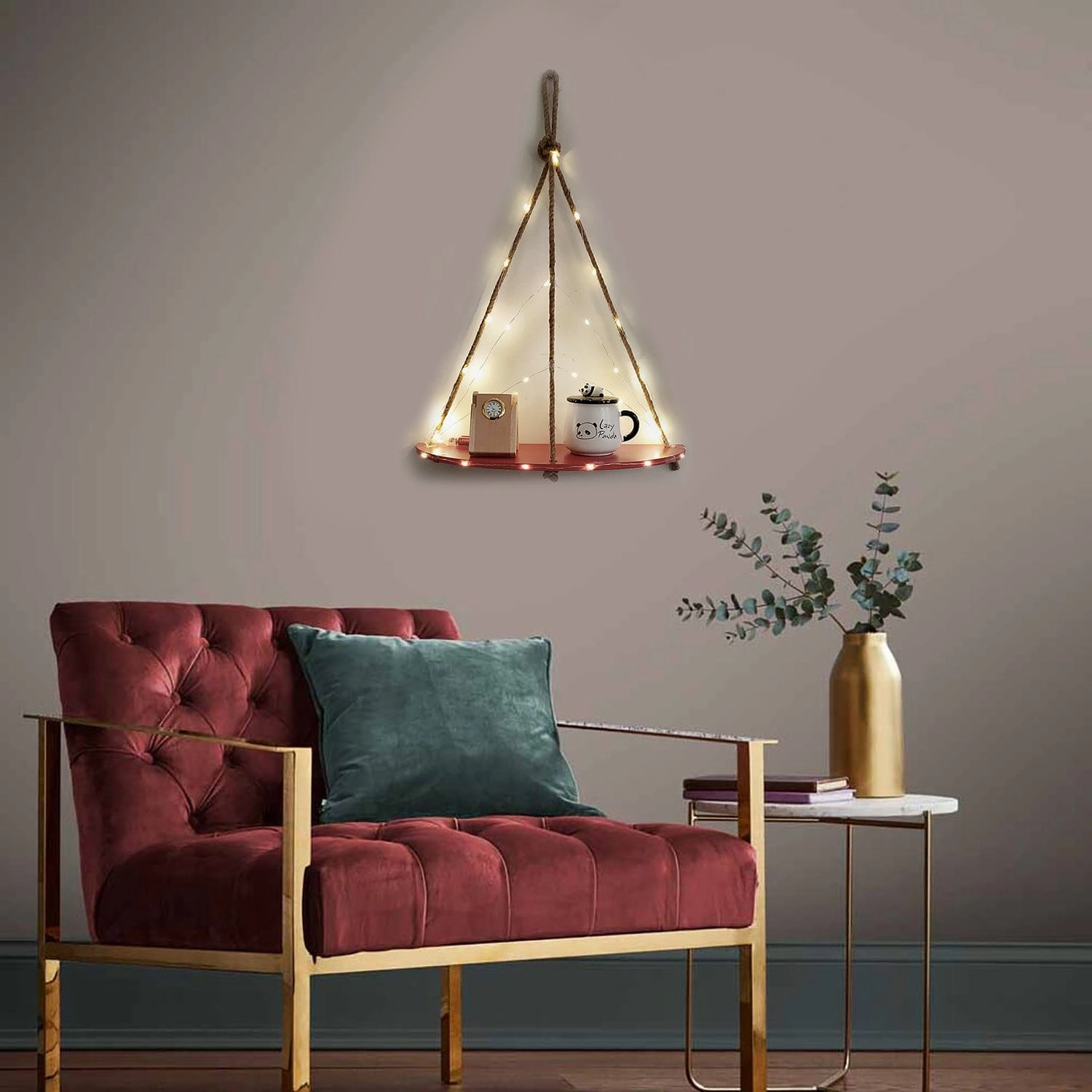 Wood Half Oval Maroon Wall Hanging Wall self with LED Light