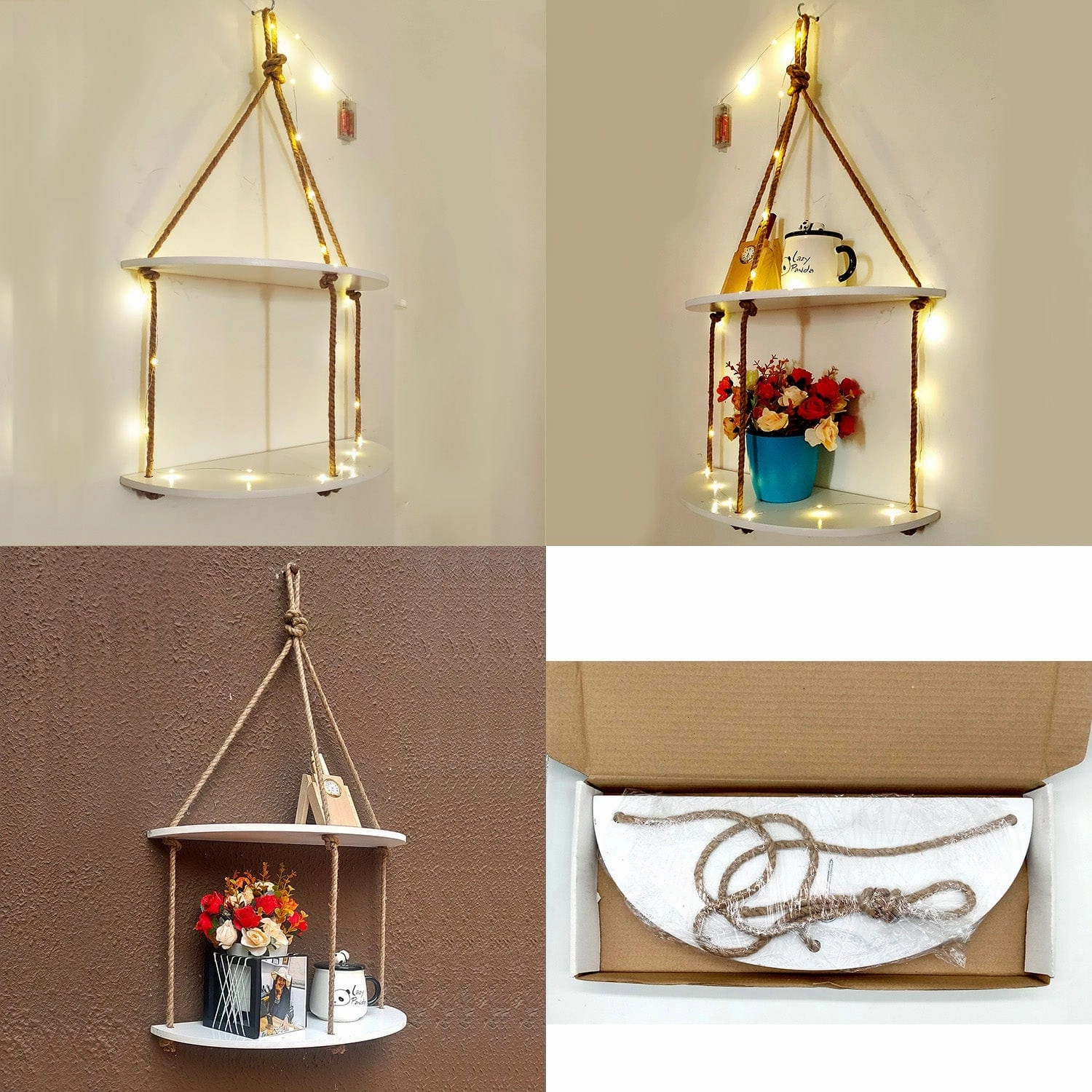 Wood Half Oval White Wall Hanging Wall self with LED Light