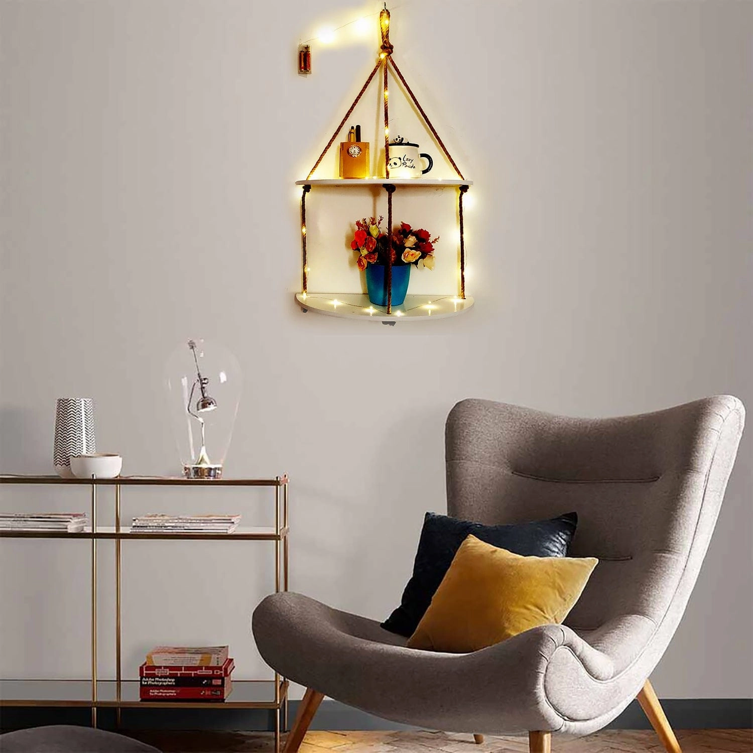Wood Half Oval White Wall Hanging Wall self with LED Light