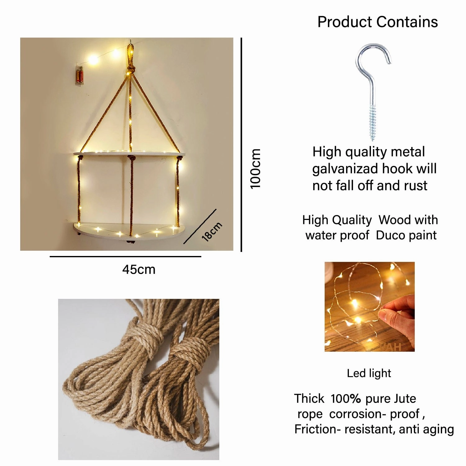 Wood Half Oval White Wall Hanging Wall self with LED Light