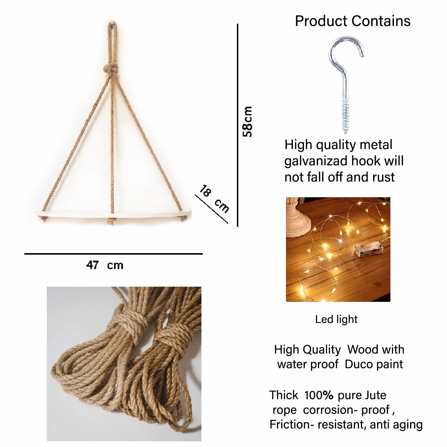 Wood Half Oval White Wall Hanging Wall self with LED Light